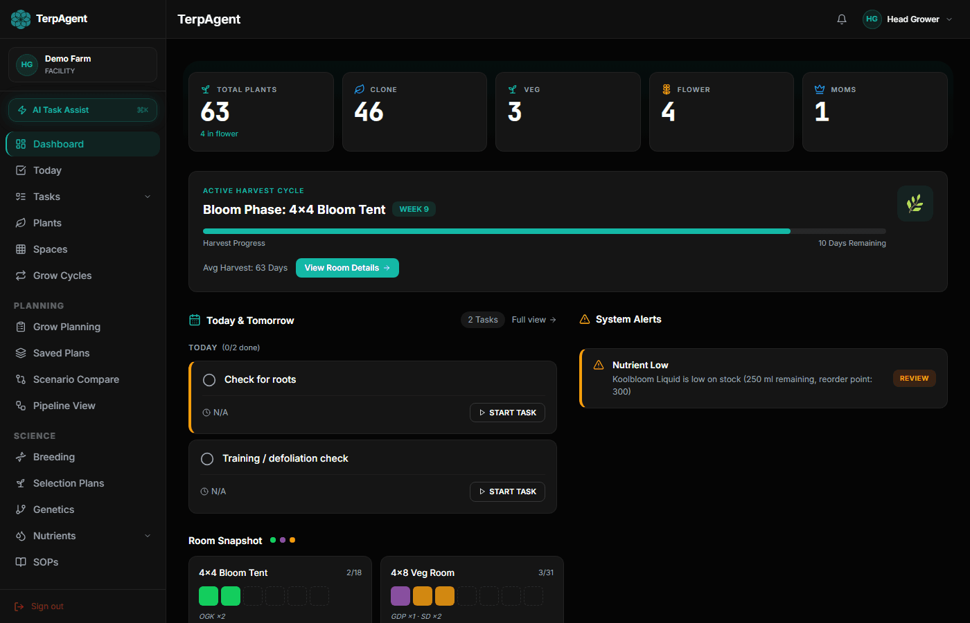 TerpAgent AI dashboard with plant stats and active cycles