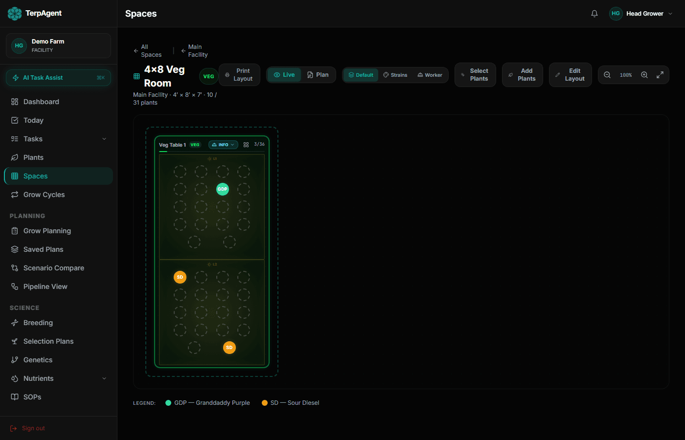 Interactive room visualizer with color-coded plant positions